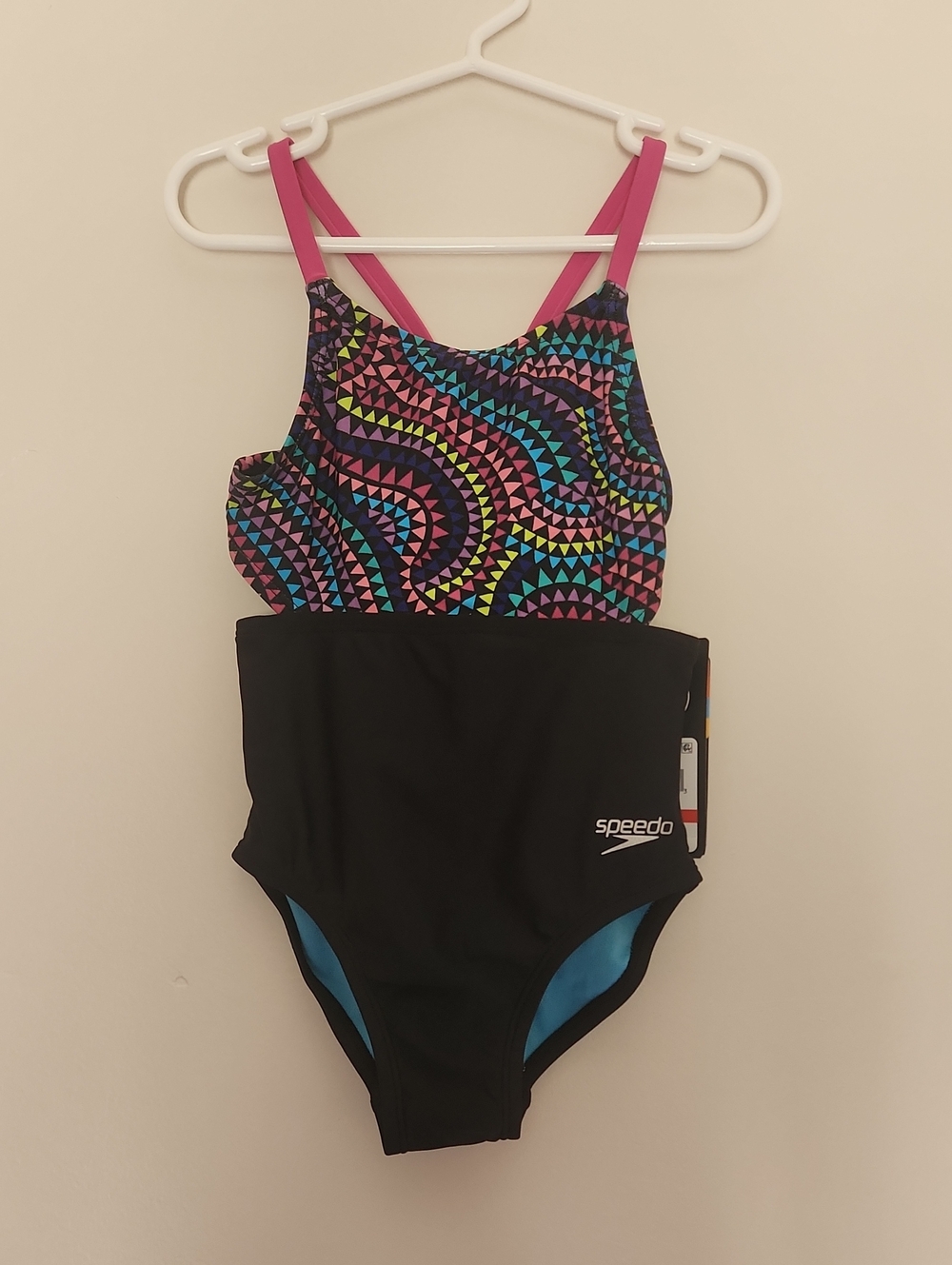 Speedo Black One-Piece Swimsuit with Pink Straps and Multicolor Top